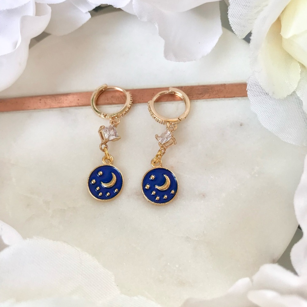 Blue Moon and Stars Rhinestone Huggy Hoop Dangly Earrings NWT